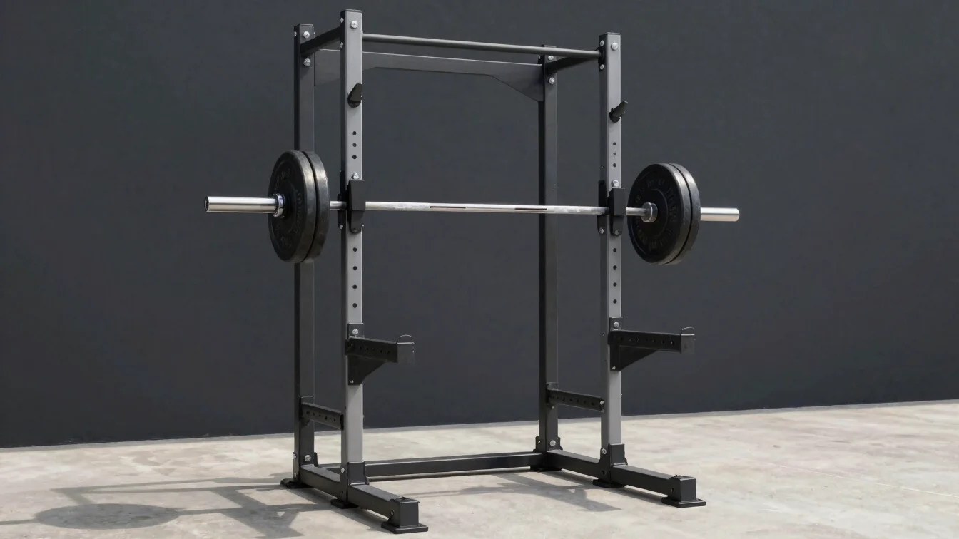 Squat rack holding a loaded Olympic barbell against a dark wall