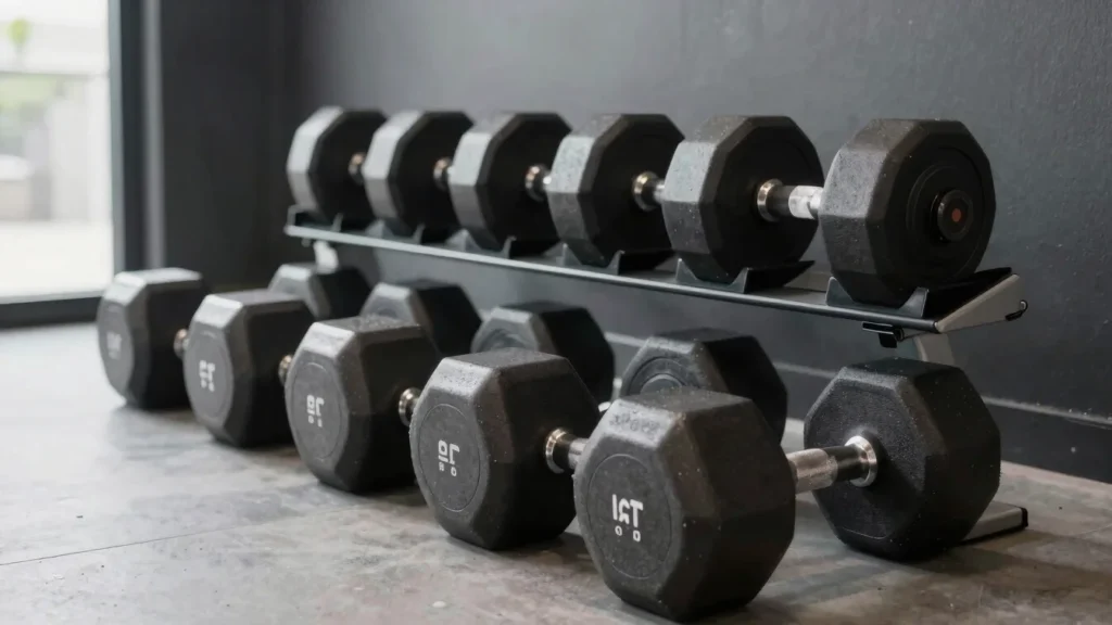 Rack of rubber hex dumbbells in a home gym