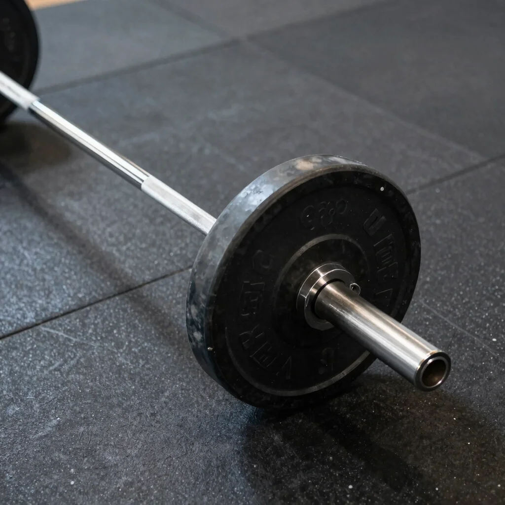 Olympic barbell with a black plate on rubber gym flooring