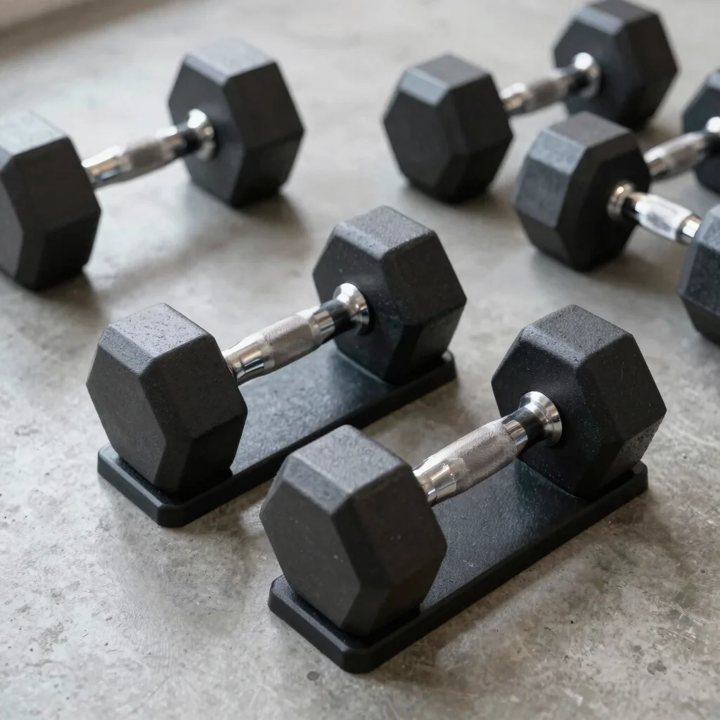 Rubber hex dumbbells on a concrete floor
