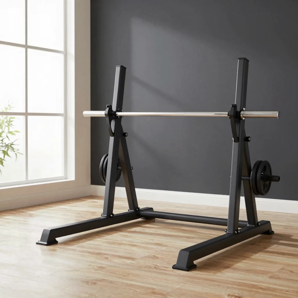 Squat stand and Olympic bar in a sunlit room