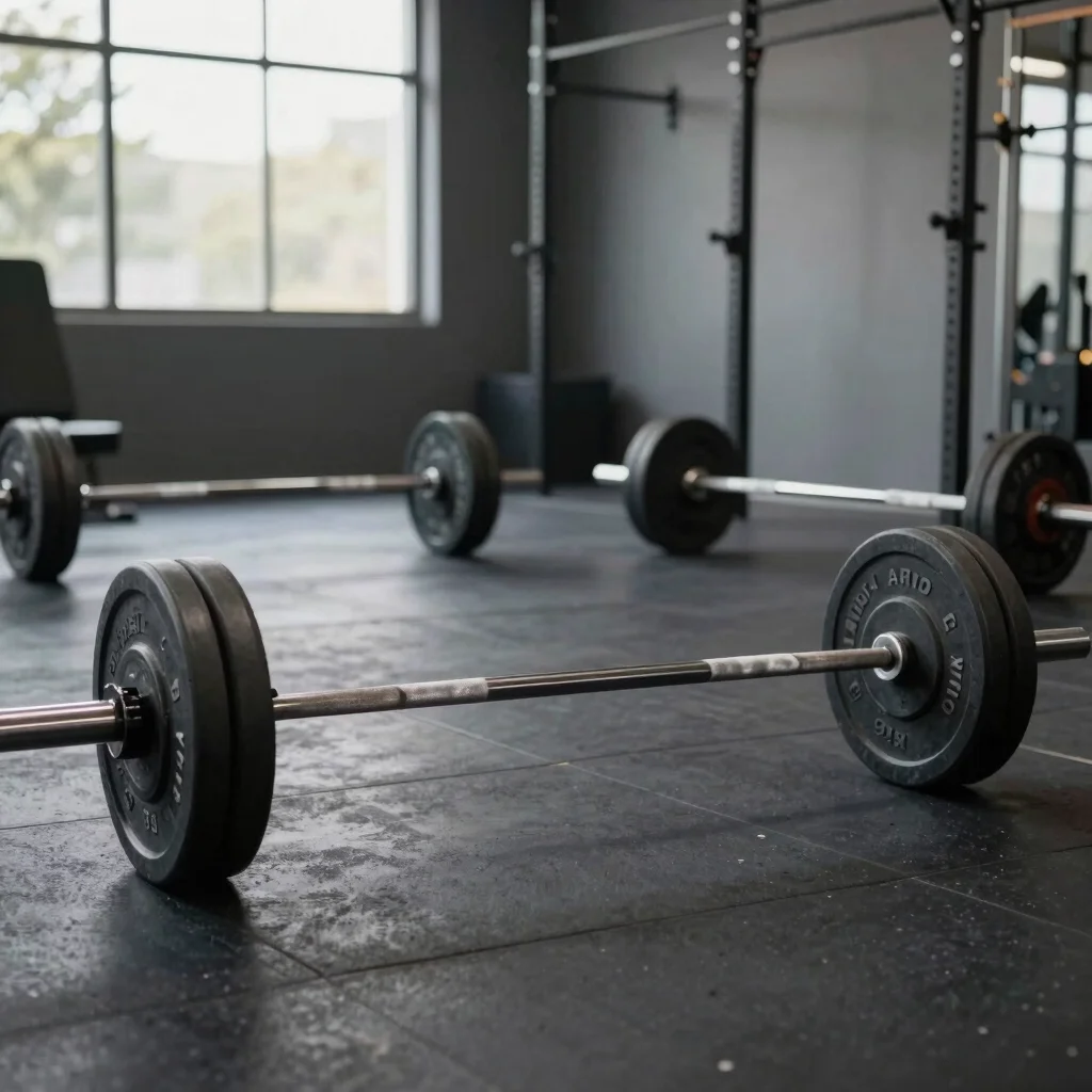 Barbells resting on a rubber gym floor