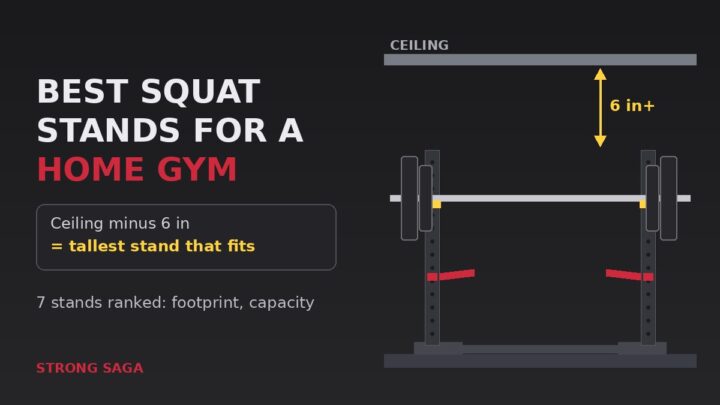 Best squat stands for a home gym: squat stand with spotter arms under a ceiling