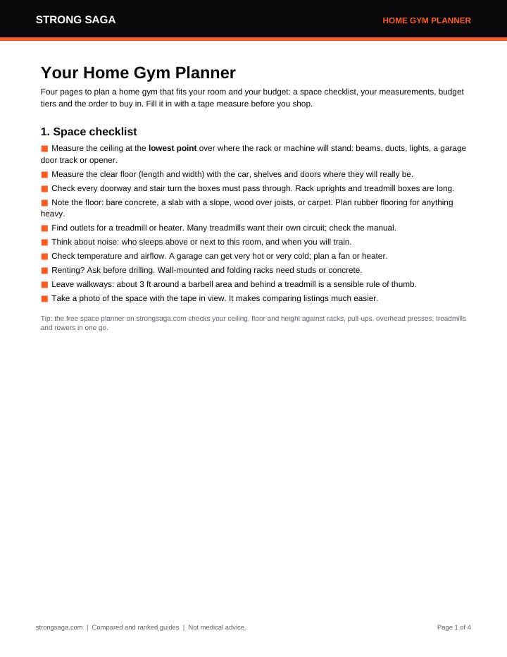 Page 1 of the Strong Saga Home Gym Planner: space checklist